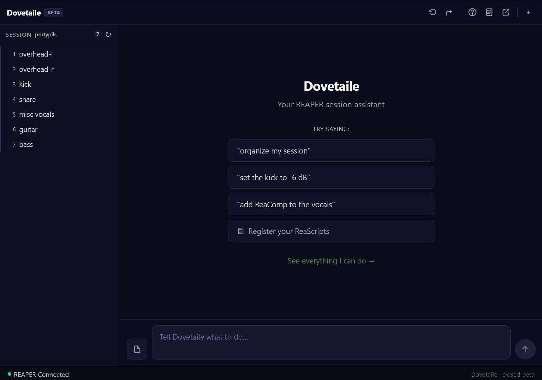 Dovetaile app interface showing a REAPER session with the AI chat panel
